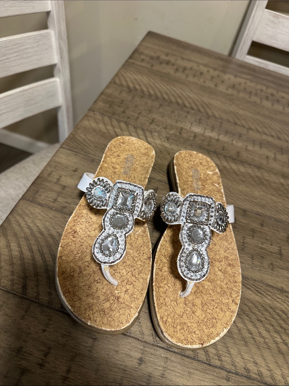 Women's White Jeweled Cork Toe-Post Sandals